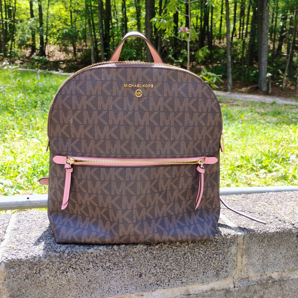 Michael Kors Brown and Pink Backpack with Signature Design